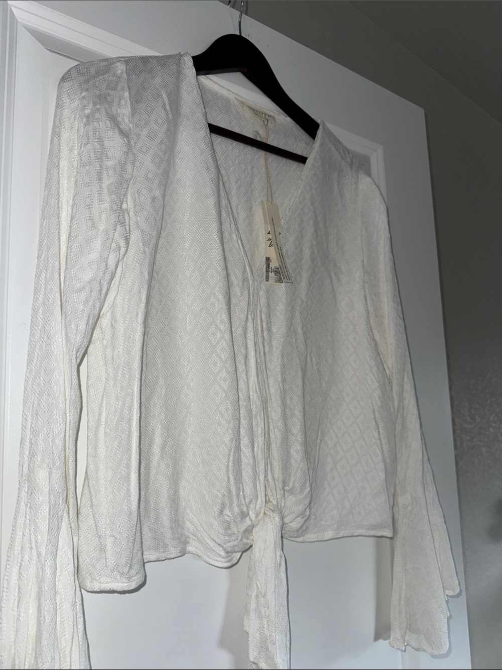 lovestitch Cream Tie-Front Diamond-Texture Blouse